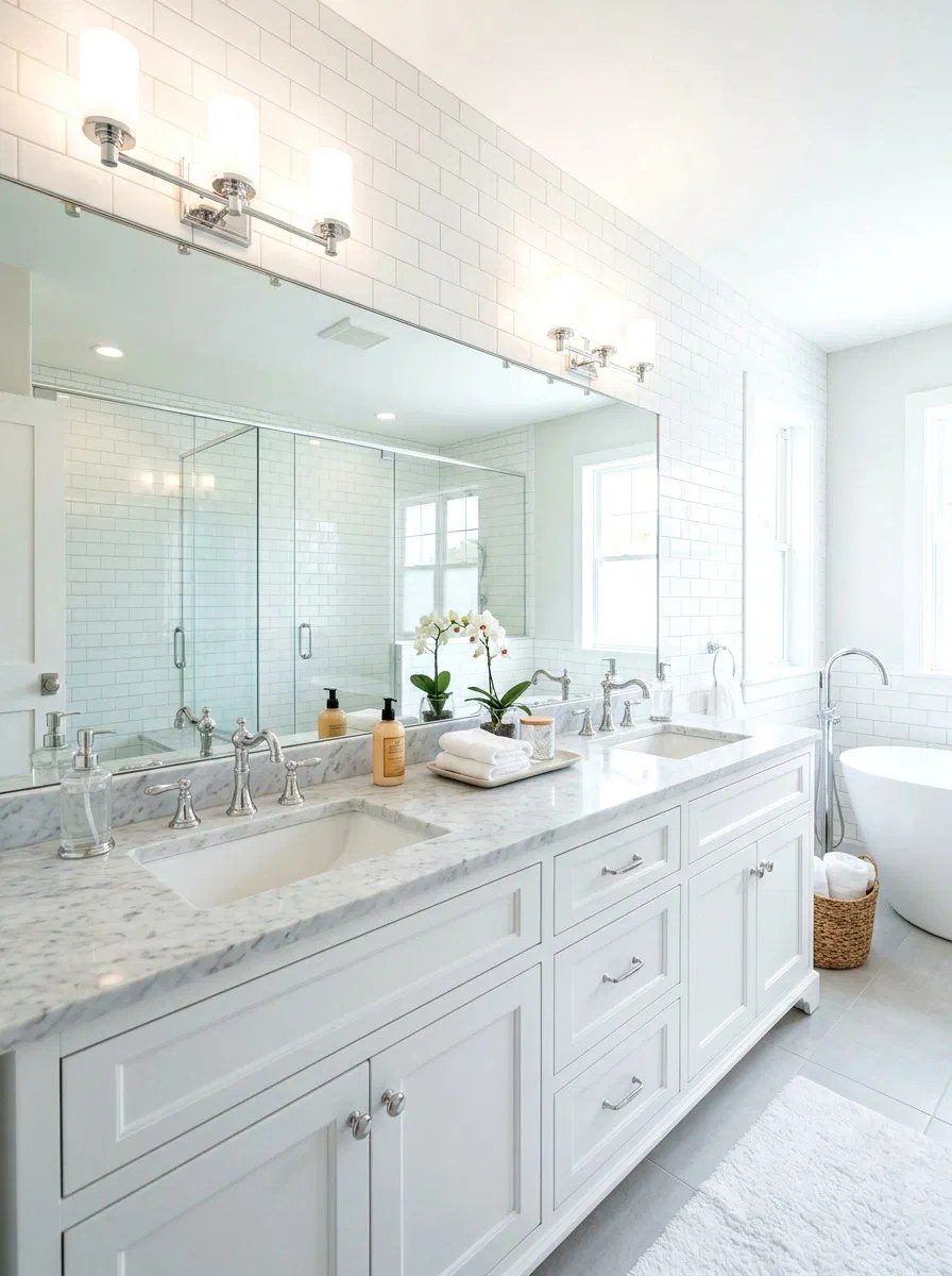 Sunlit spa-like bathroom with a marble double vanity and chrome fixtures